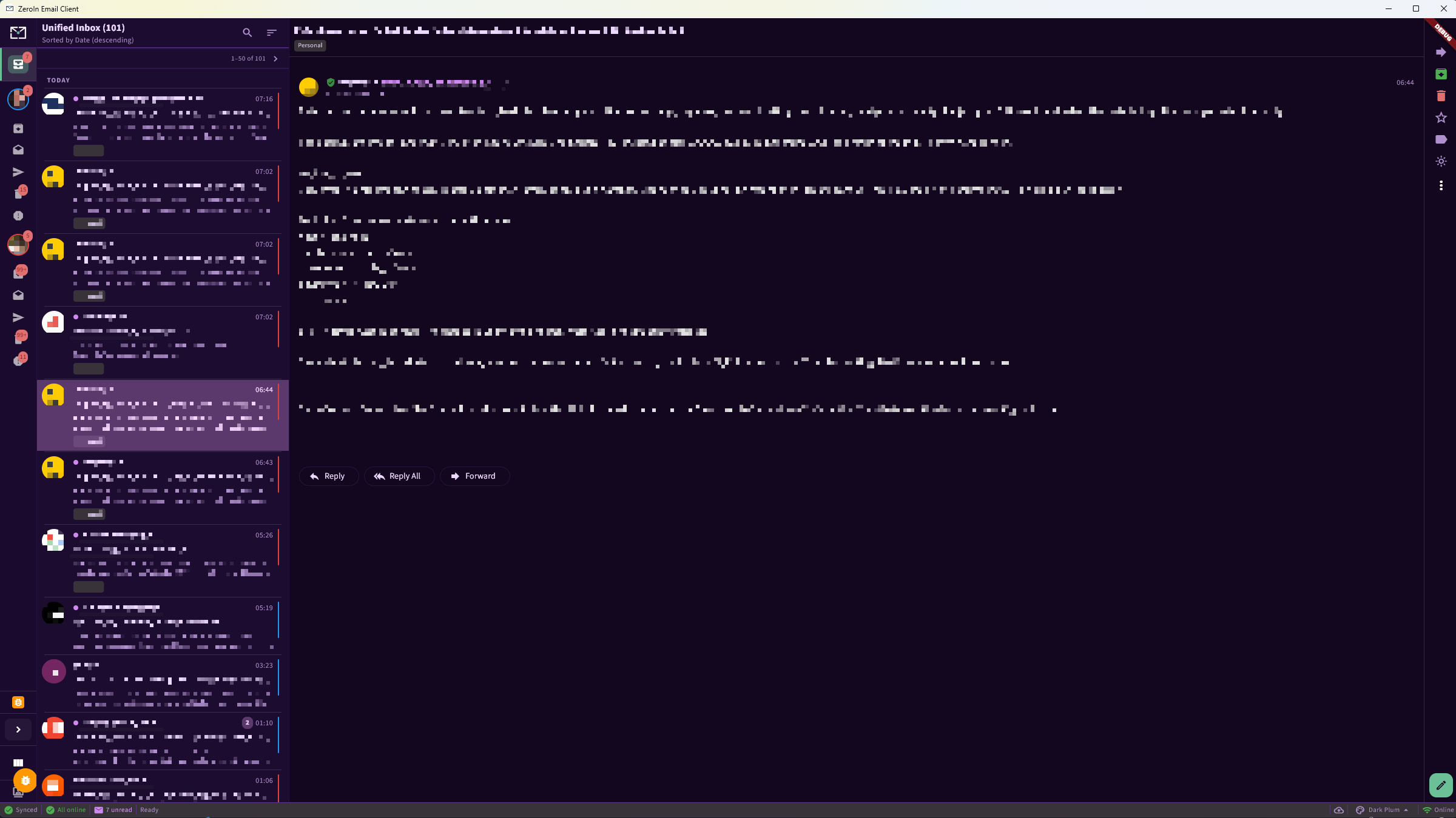 ZeroIn's unified inbox showing folders, projects, and an open email thread
